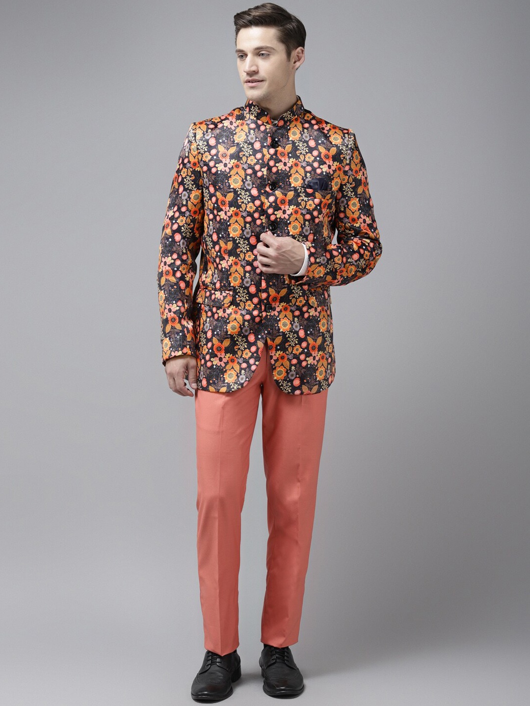 

hangup trend Men Black & Orange-Colored Printed Single-Breasted Two-Piece Party Suit, Multi
