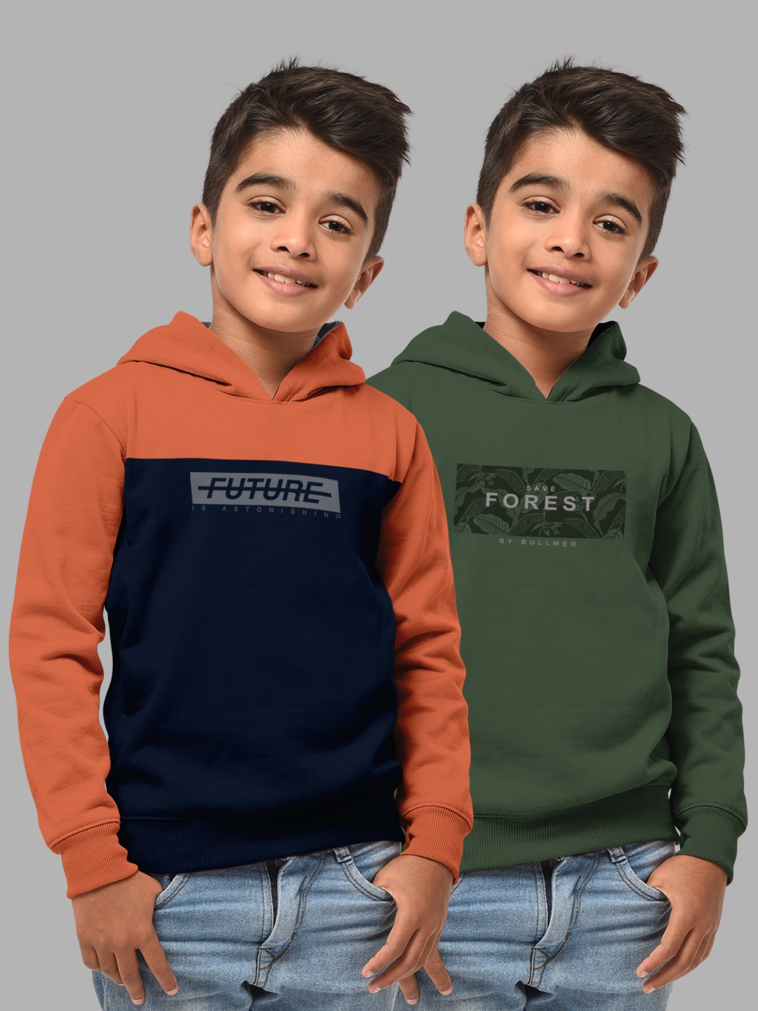 

HELLCAT Boys Orange & Olive Green Pack Of 2 Printed Hooded Sweatshirt