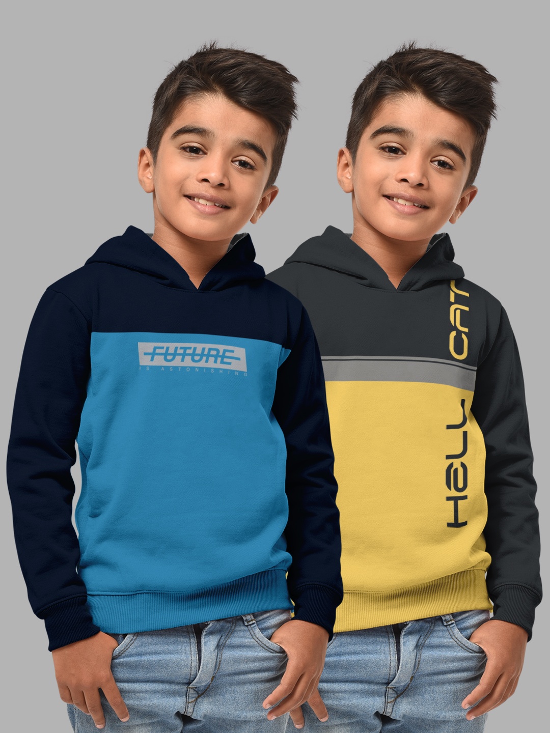 

HELLCAT Boys Set Of 2 Navy Blue & Yellow Colourblocked Hooded Sweatshirt