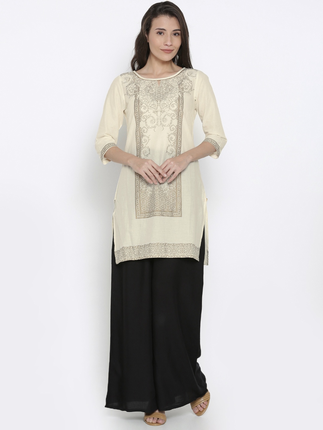 

AURELIA Women Off-White Printed Straight Kurta