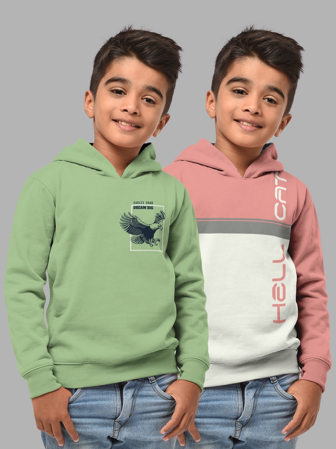 

HELLCAT Boys Set Of 2 Green & Pink Printed Hooded Sweatshirt
