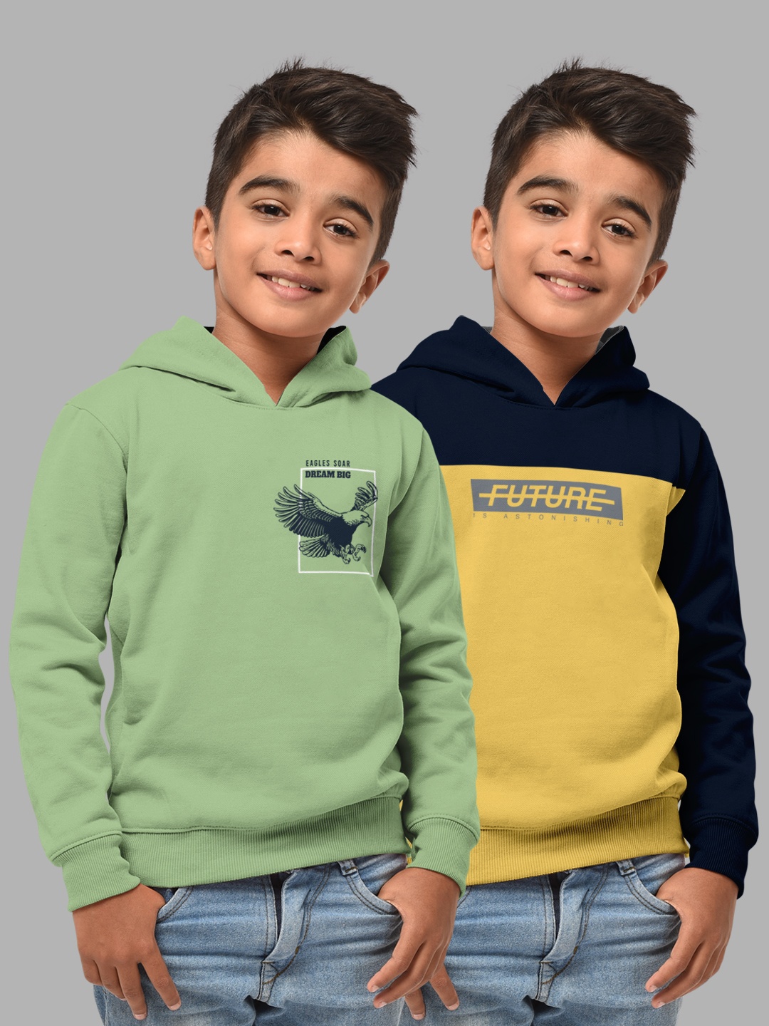 

HELLCAT Boys Set Of 2 Green & Navy Blue Printed Hooded Sweatshirt
