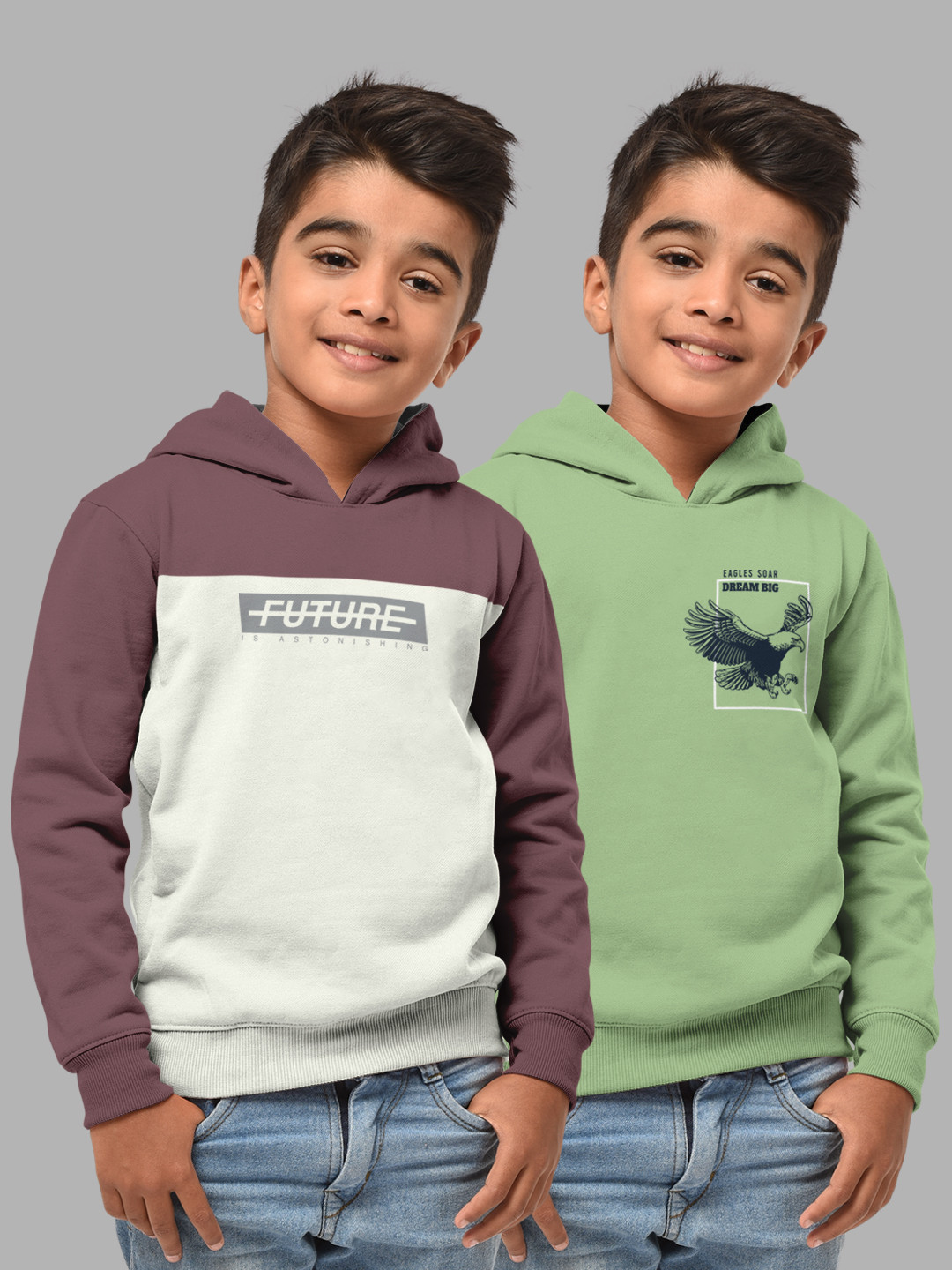

HELLCAT Boys Set Of 2 Taupe & Green Printed Hooded Sweatshirt