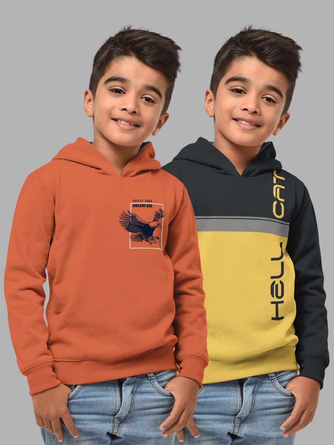 

HELLCAT Boys Set Of 2 Orange & Grey Printed Hooded Sweatshirt