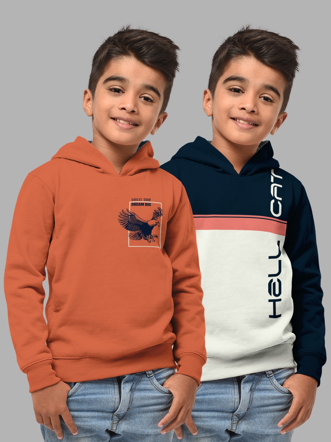 

HELLCAT Boys Set Of 2 Orange & Navy Blue Printed Hooded Sweatshirt