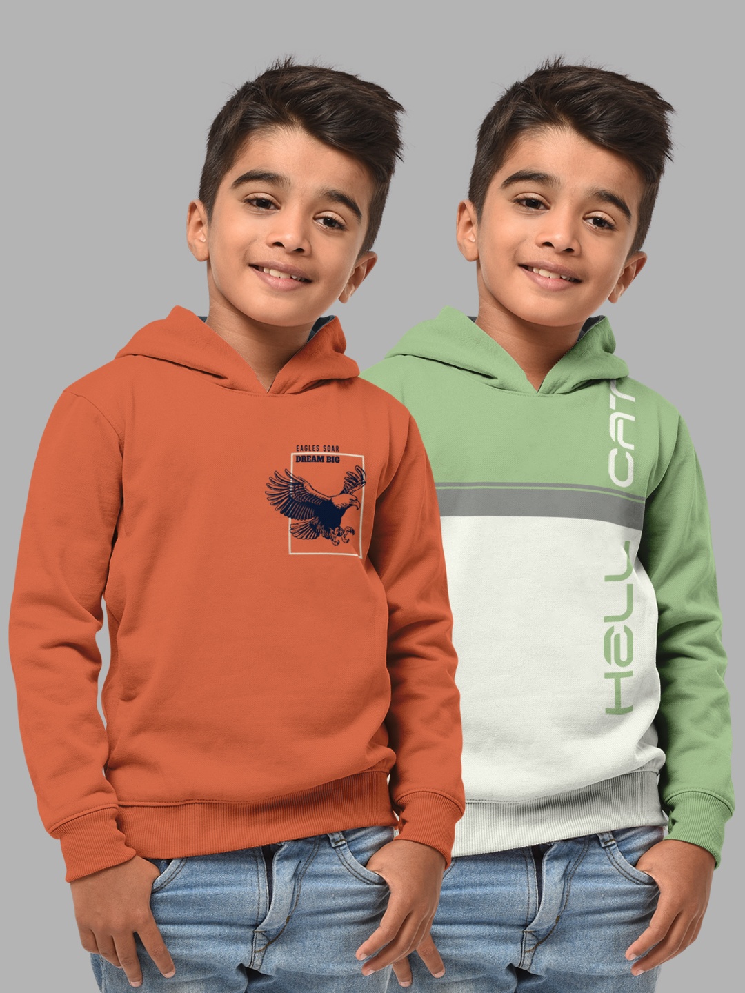 

HELLCAT Boys Set Of 2 Orange & Green Printed Hooded Sweatshirt
