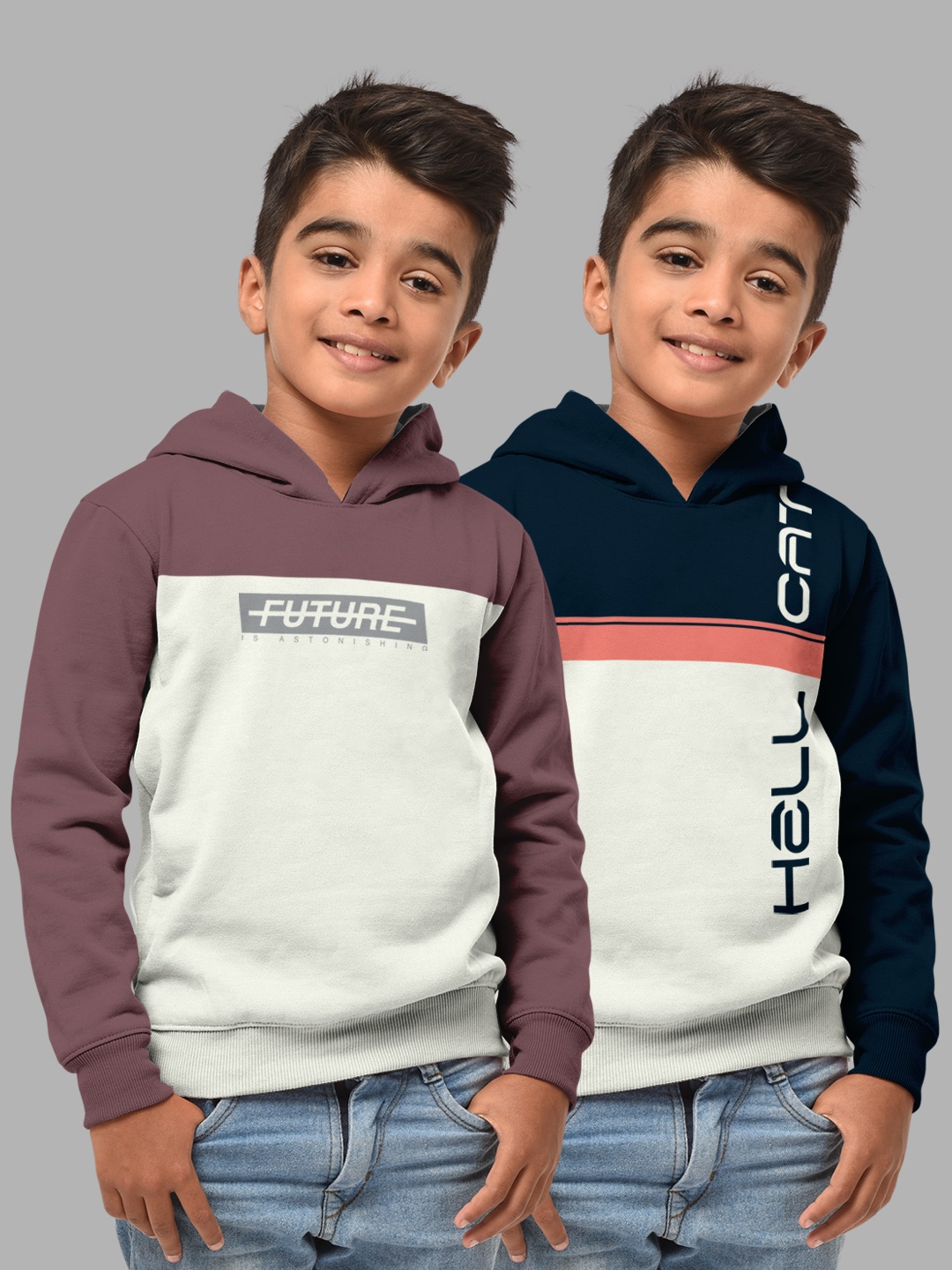 

HELLCAT Boys Set Of 2 Taupe & Blue Colourblocked Hooded Sweatshirt