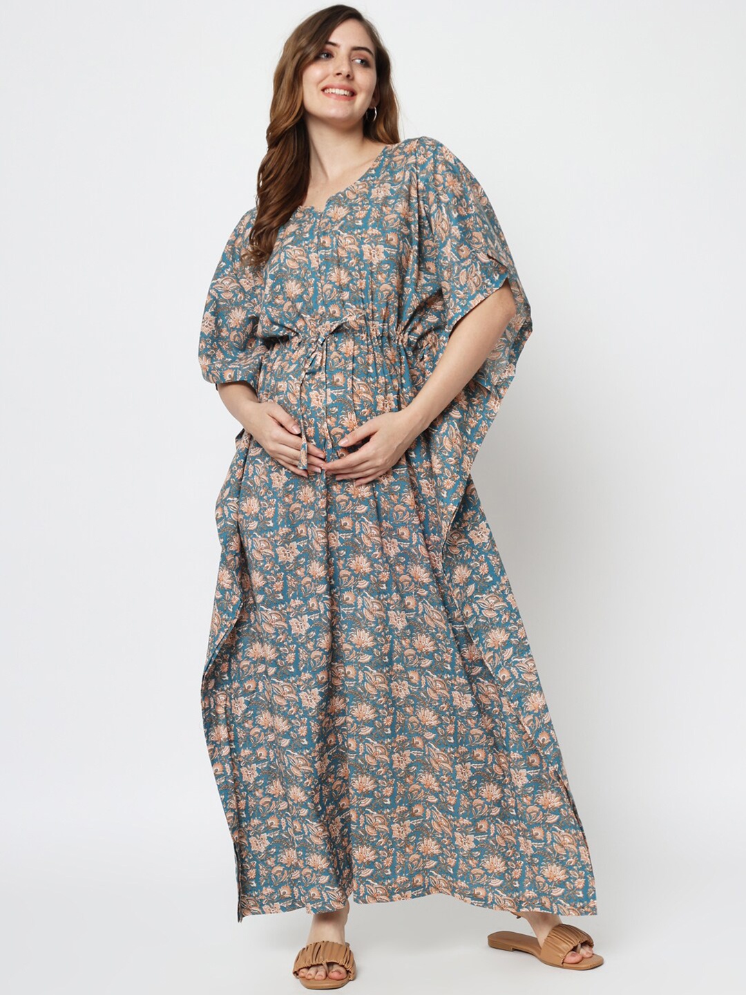 

Aujjessa Teal Floral Maternity Kaftan Maxi Dress