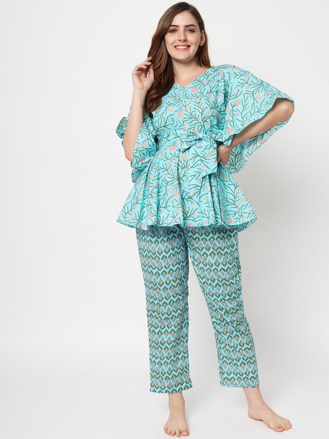 

Aujjessa Women Printed Maternity Feeding Cotton Night suit, Turquoise blue