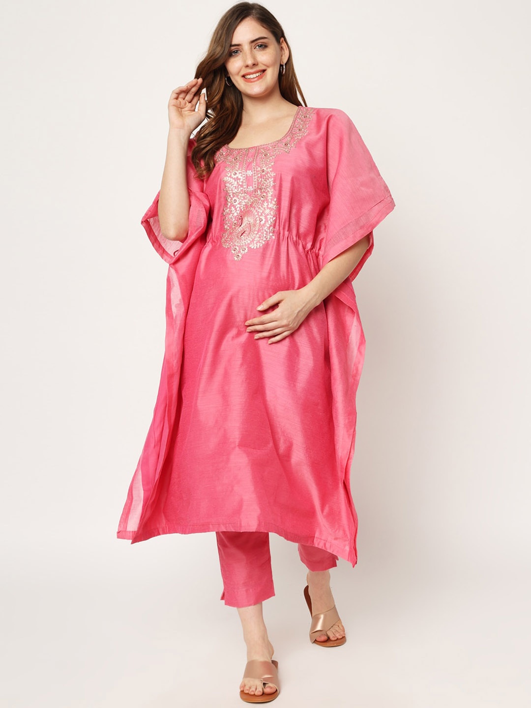 

Aujjessa Women Pink Ethnic Motifs Yoke Design Chanderi Silk Maternity Kurta with Trousers