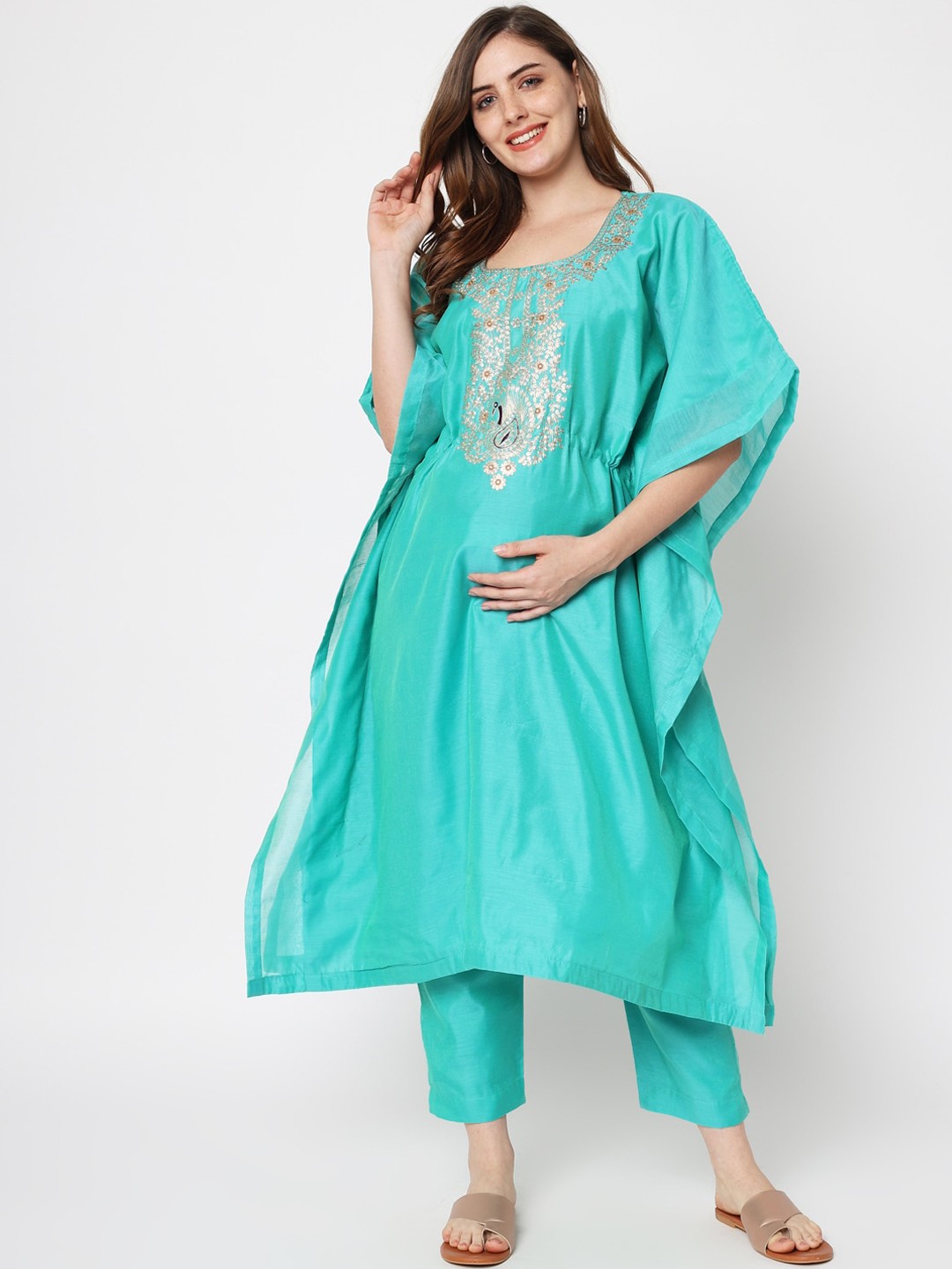 

Aujjessa Women Floral Embroidered Chanderi Silk Kaftan Kurta with Trouser Set, Sea green