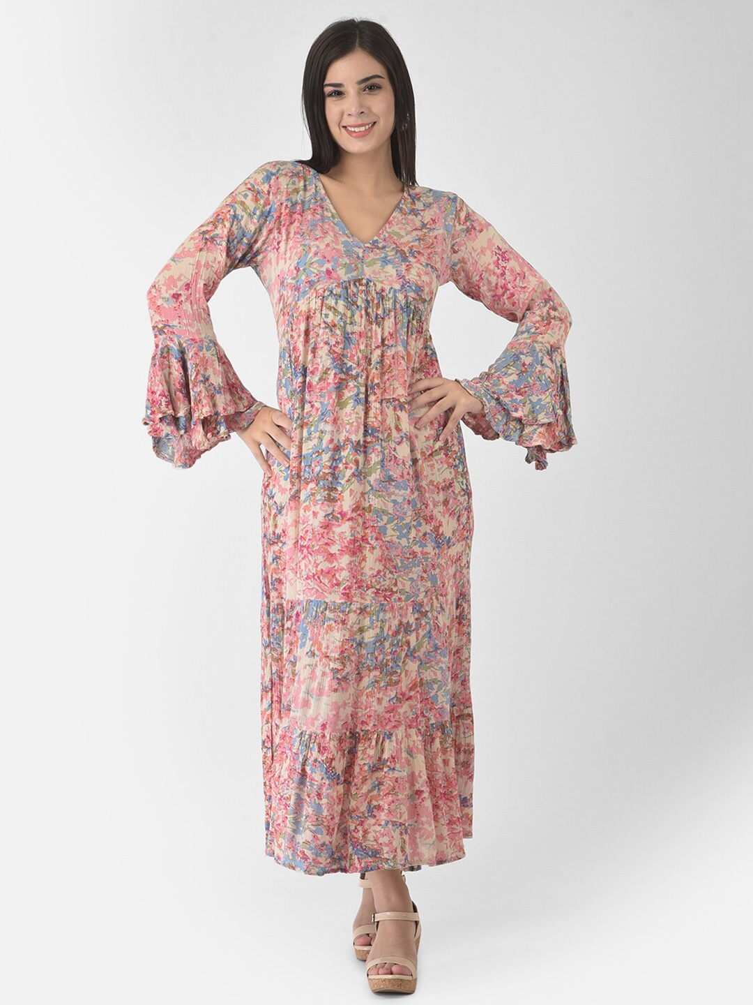 

VELDRESS Pink & Blue Floral Maxi Rayon Dress