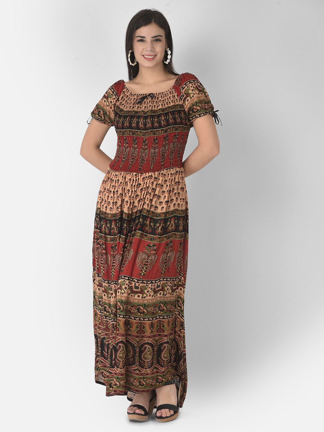 

VELDRESS Women Maroon & Cream-Coloured Ethnic Motifs Maxi Dress