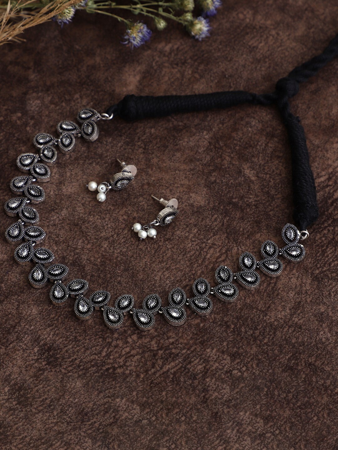 

VENI Silver-Plated & Toned White Stone Studded Oxidised Jewellery Set