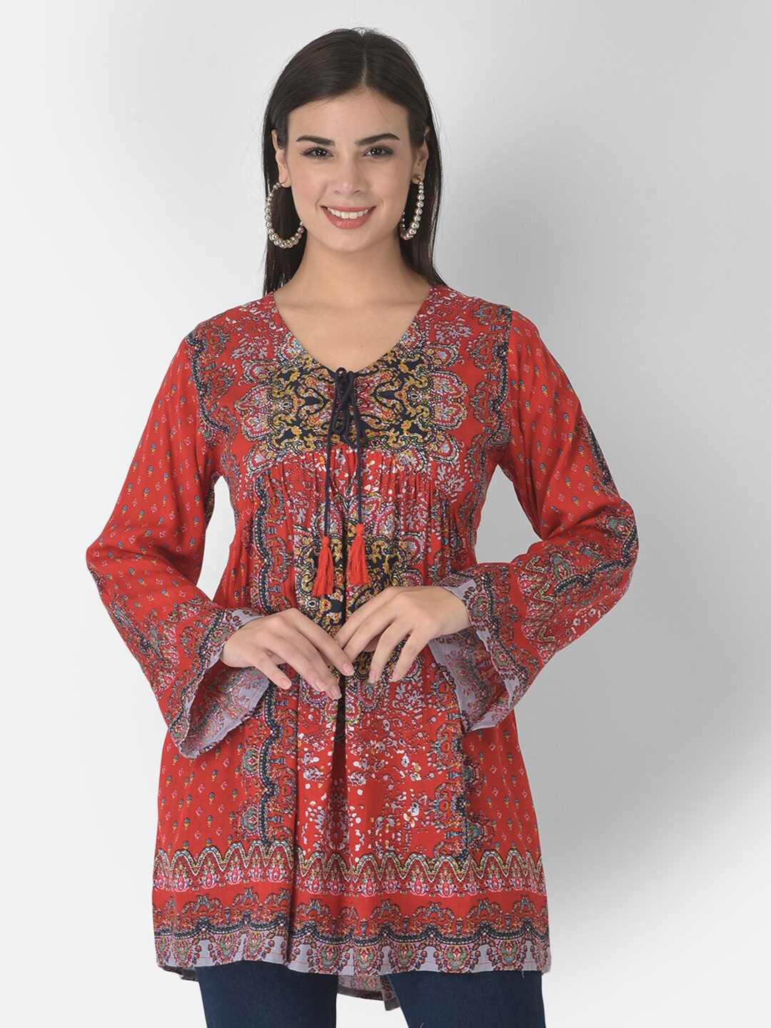 

VELDRESS Red & Black Print Tie-Up Neck Empire Longline Top