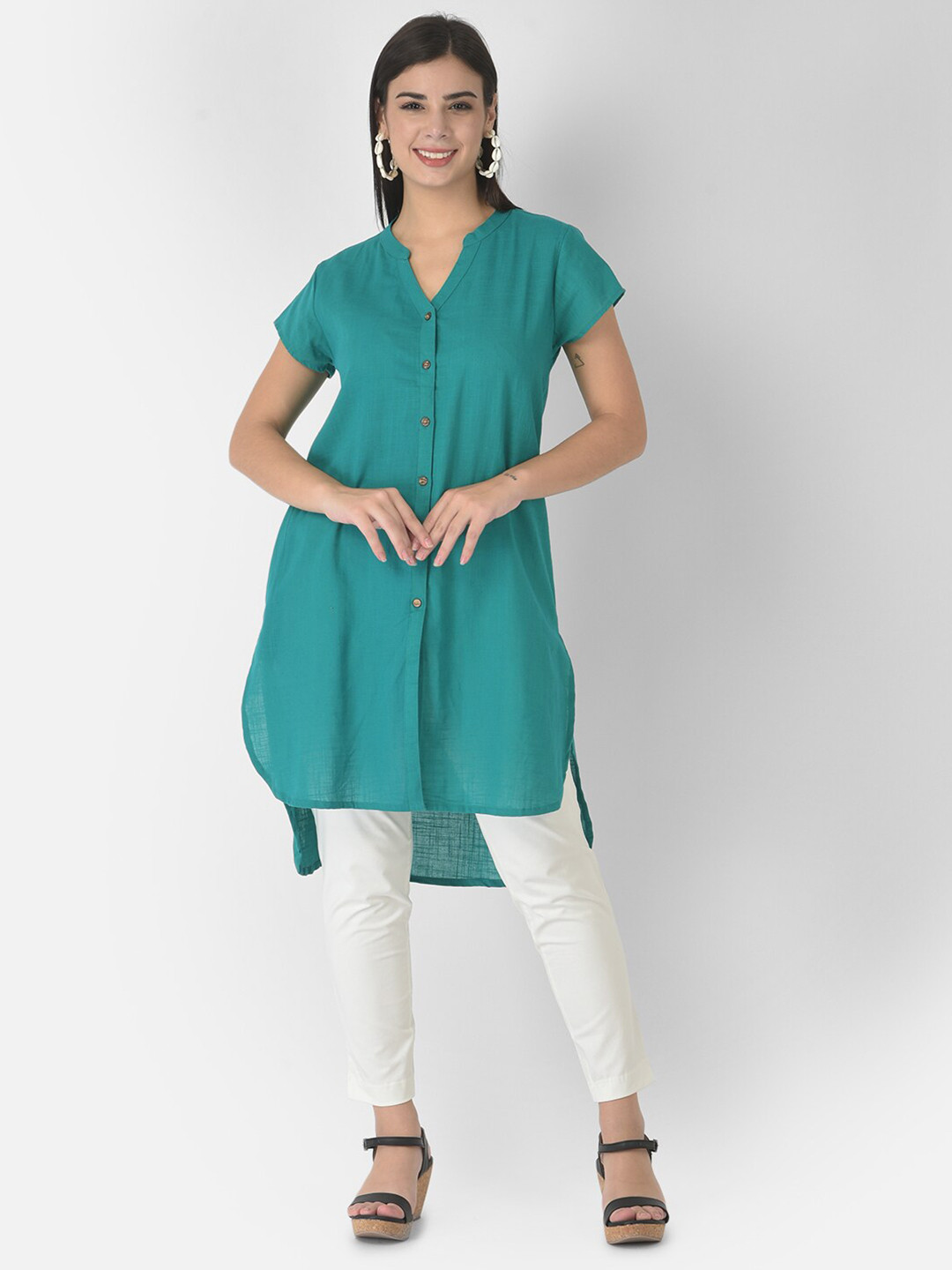 

VELDRESS Green Mandarin Collar Shirt Style Longline Top