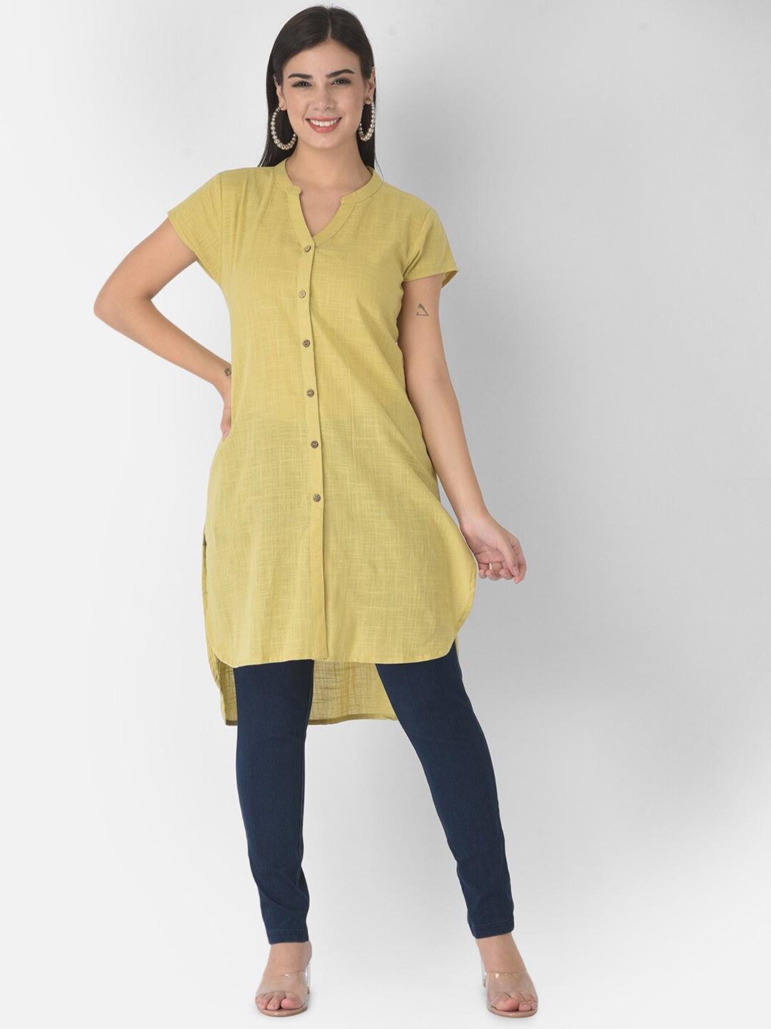 

VELDRESS Yellow Mandarin Collar Shirt Style Longline Top