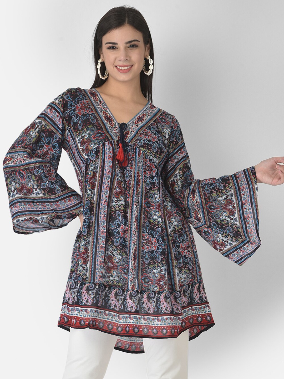 

VELDRESS Blue & Red Ethnic Print Longline Top