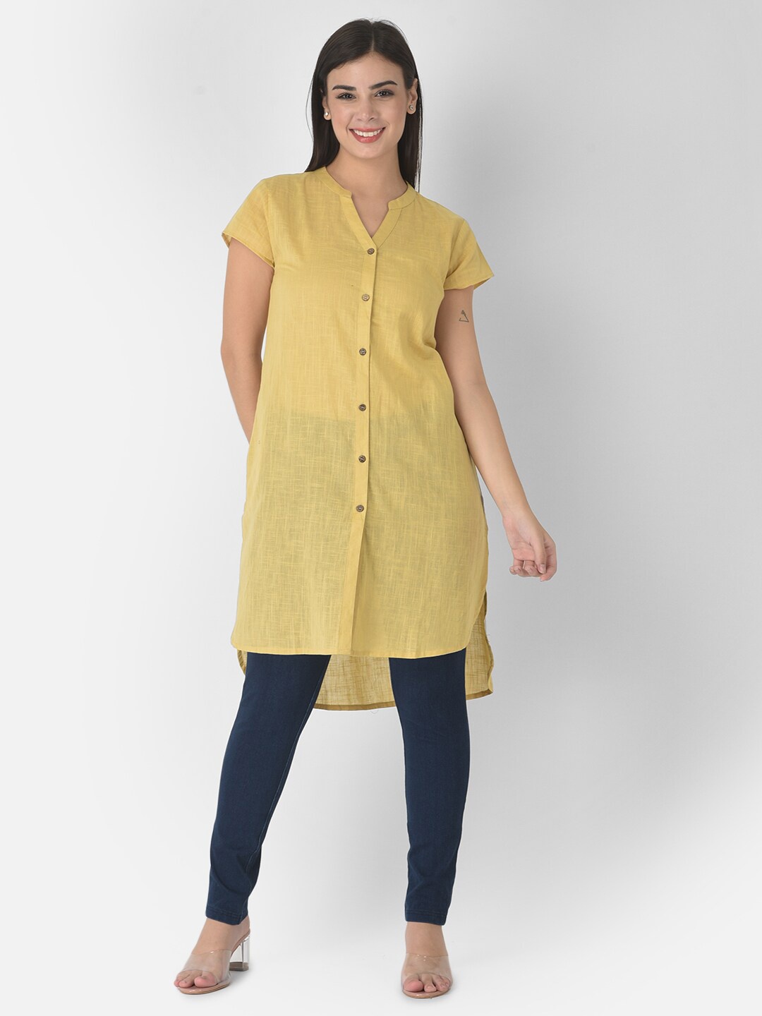 

VELDRESS Yellow Mandarin Collar Shirt Style Longline Top