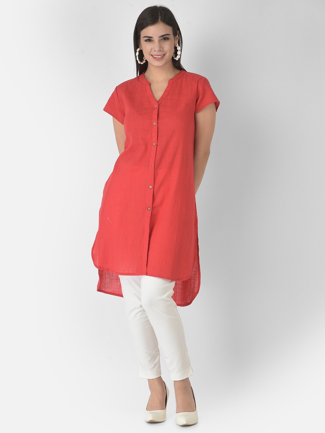 

VELDRESS Red Mandarin Collar Shirt Style Longline Top