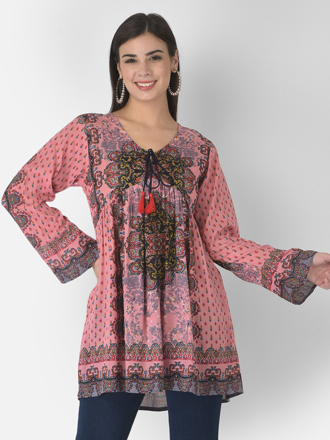 

VELDRESS Pink & Black Print Tie-Up Neck Longline Top