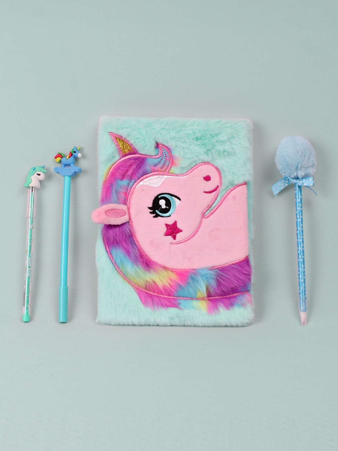 

DukieKooky Kids Set Of 4 Green & Pink Unicorn Embellished Notebook With Pen & Pencil