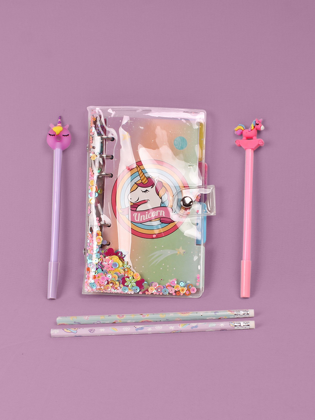 

DukieKooky Set of 5 Kids Purple Printed Unicorn Reversible Notebook With Pen & Pencils