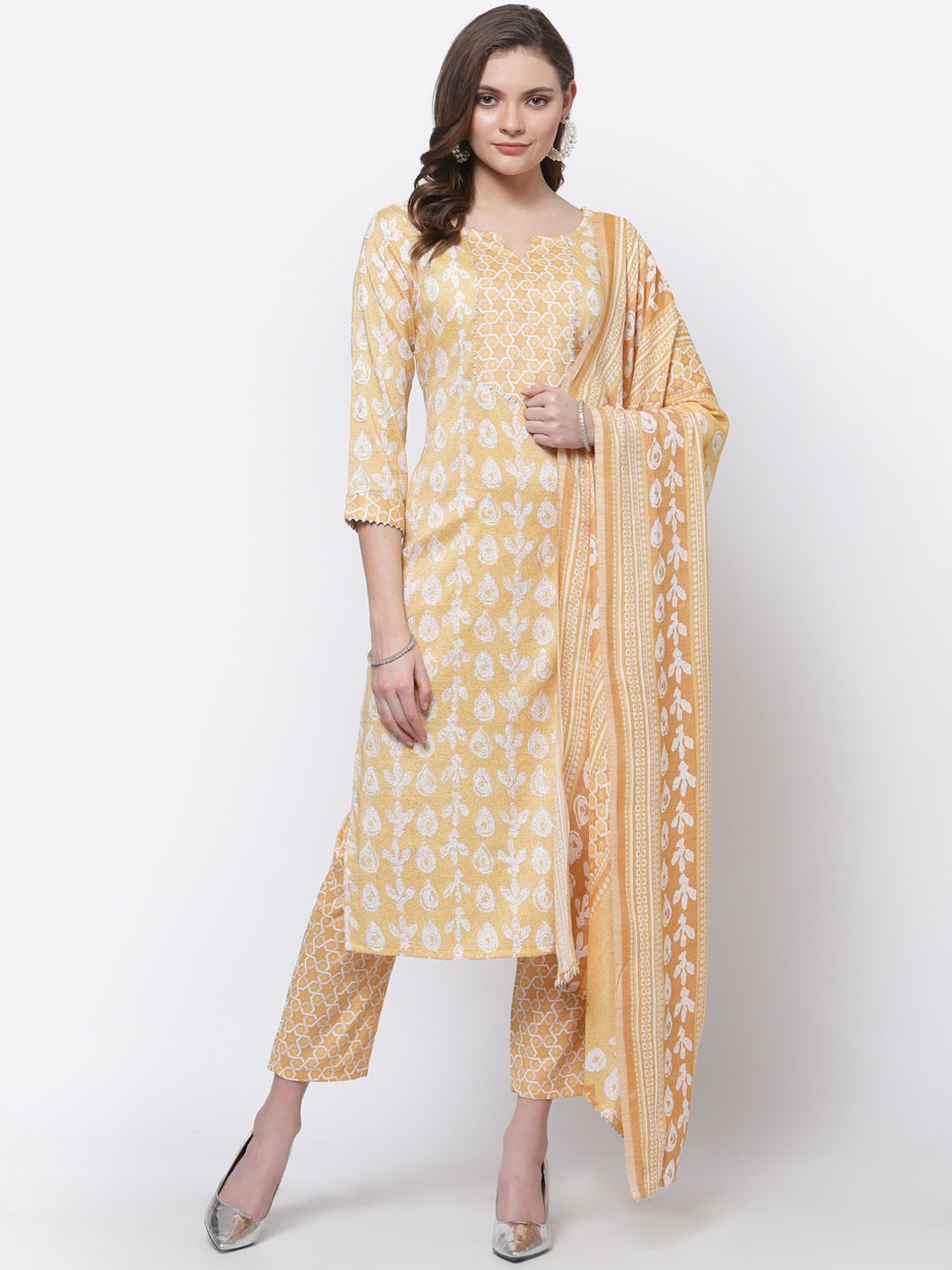 

Anuthi Women Yellow Ethnic Motifs Printed Kurta with Trousers & With Dupatta