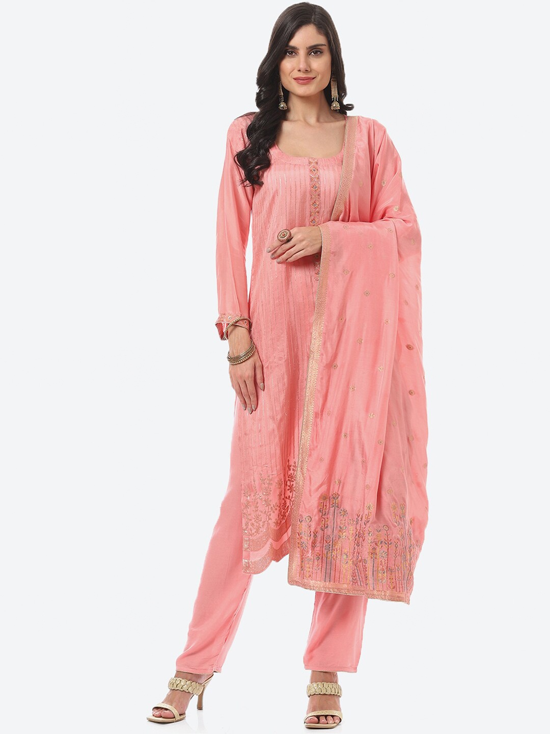 

Biba Embroidered Art Silk Unstitched Dress Material, Pink