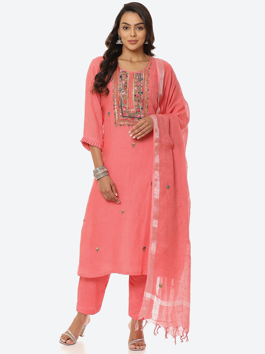 

Biba Women Embroidered Linen Unstitched Dress Material, Peach