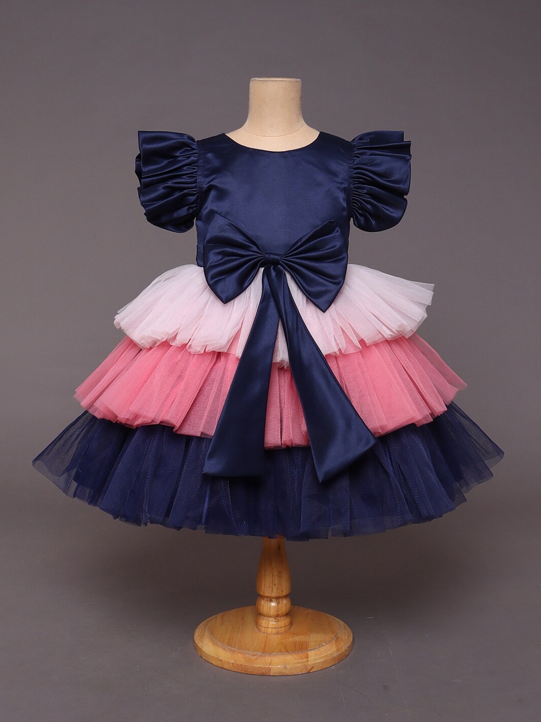 

The Magic Wand Girls Navy Blue Solid Tiered Satin Dress