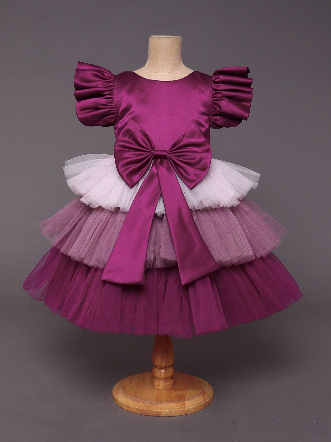 

The Magic Wand Girls Purple Solid Tiered Satin Dress