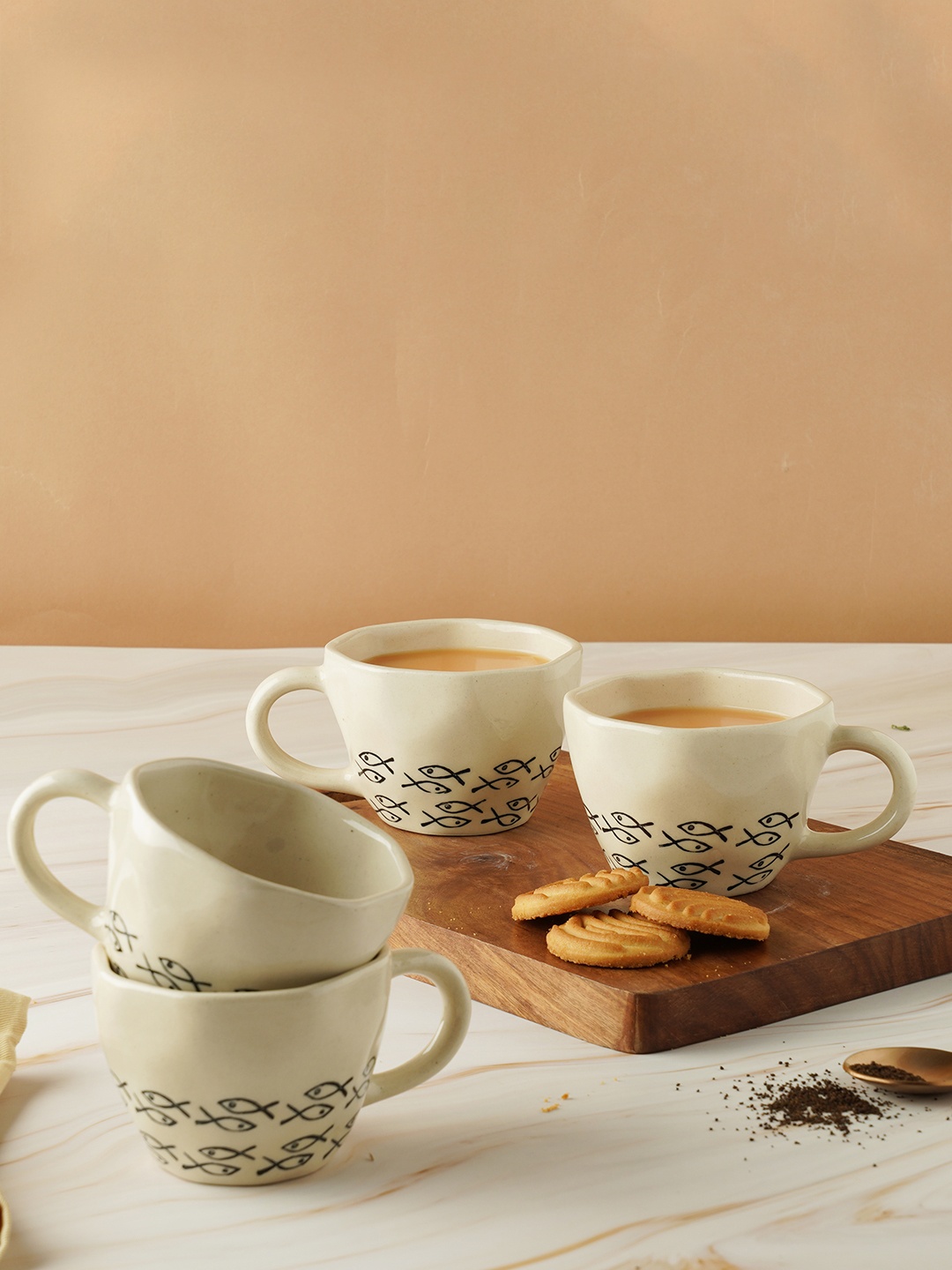 

PUREZENTO Set Of 4 Dishwasher And Microwave Safe Ceramic Glossy Cups 210 ML Each, White