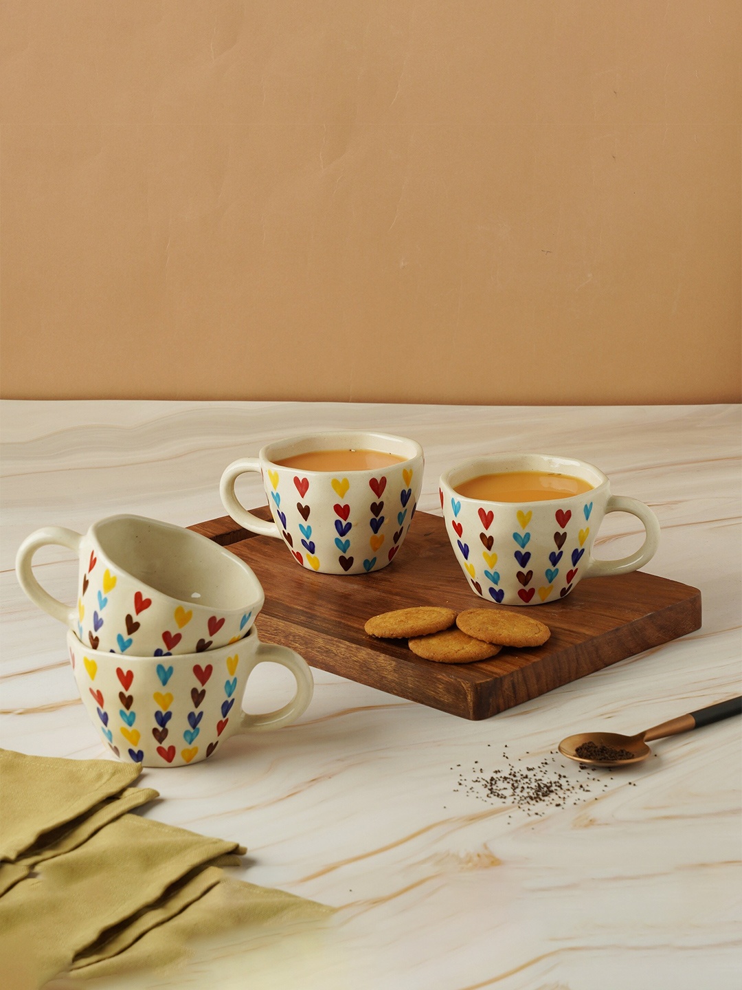 

PUREZENTO White And Blue Set Of 4 Hand Painted Ceramic Cups 210 ml Each