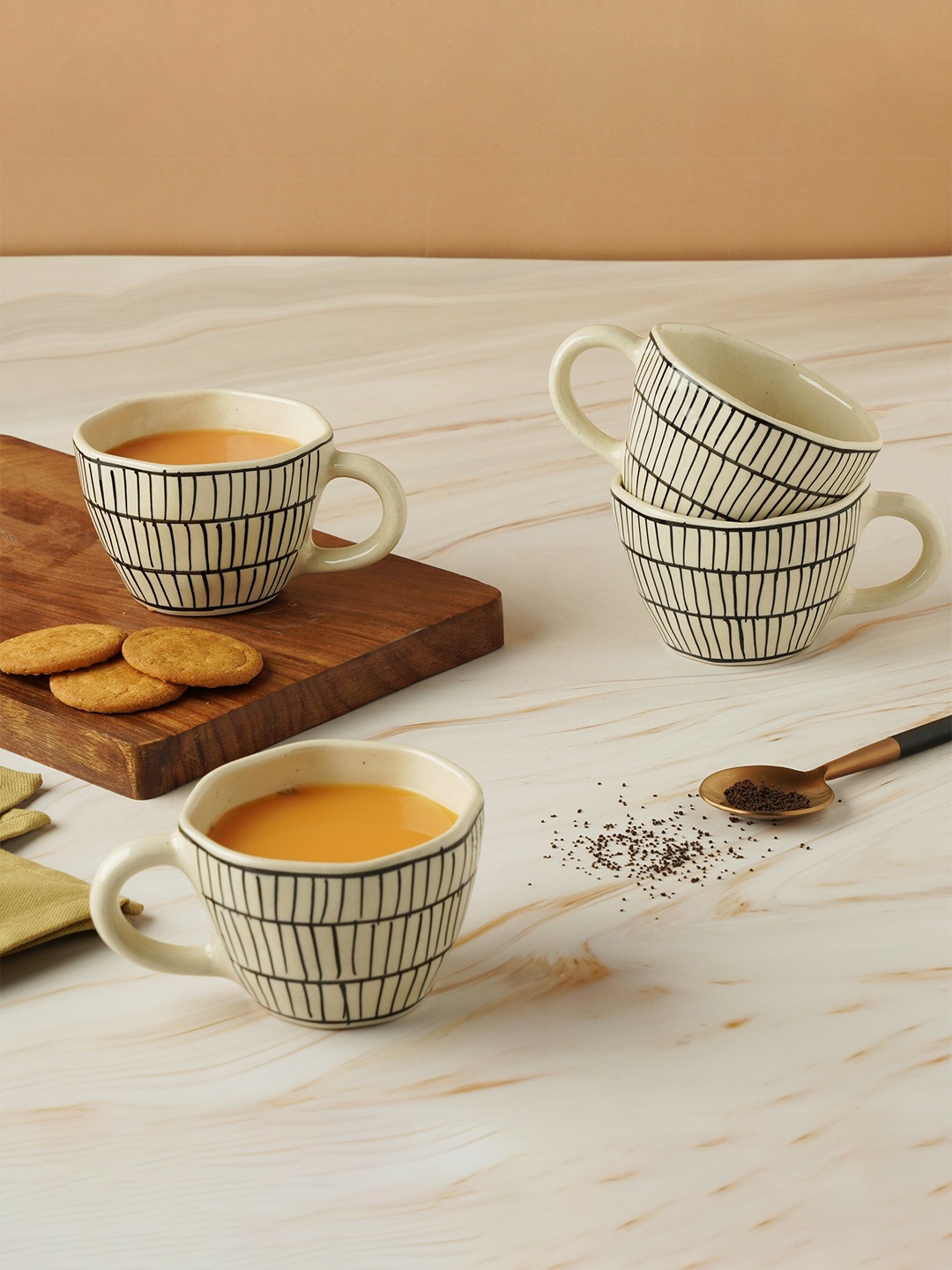 

PUREZENTO Set Of 4 Dishwasher And Microwave Safe Printed Ceramic Glossy Cups 210 ML Each, White