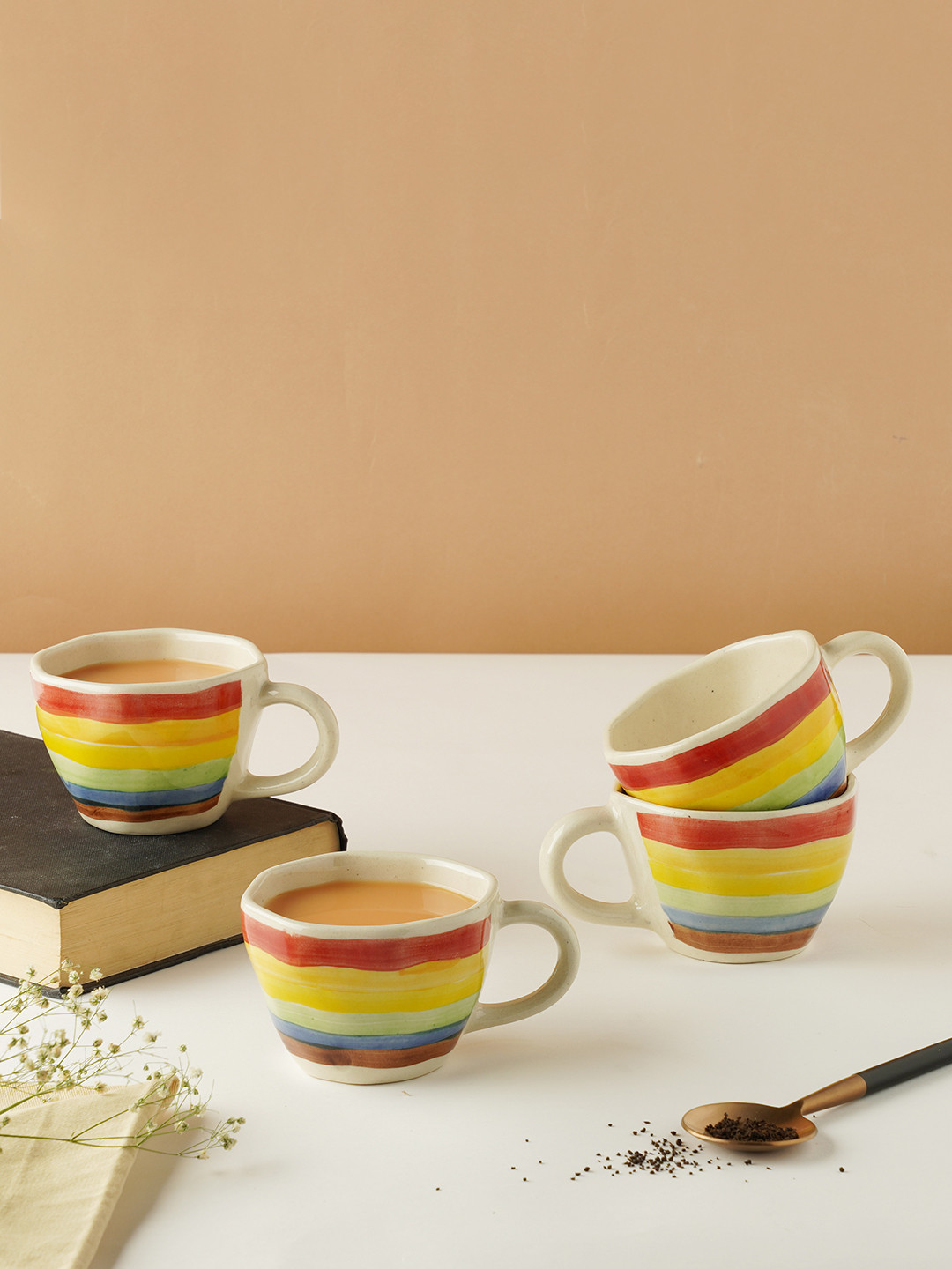 

PUREZENTO White And Yellow Set Of 4 Hand Painted Ceramic Cups 210 ml Each