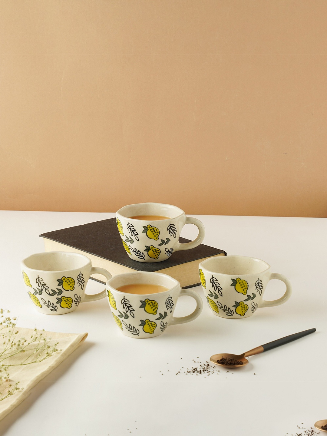 

PUREZENTO White And Yellow Set Of 4 Hand Painted Ceramic Cups 210 ml Each