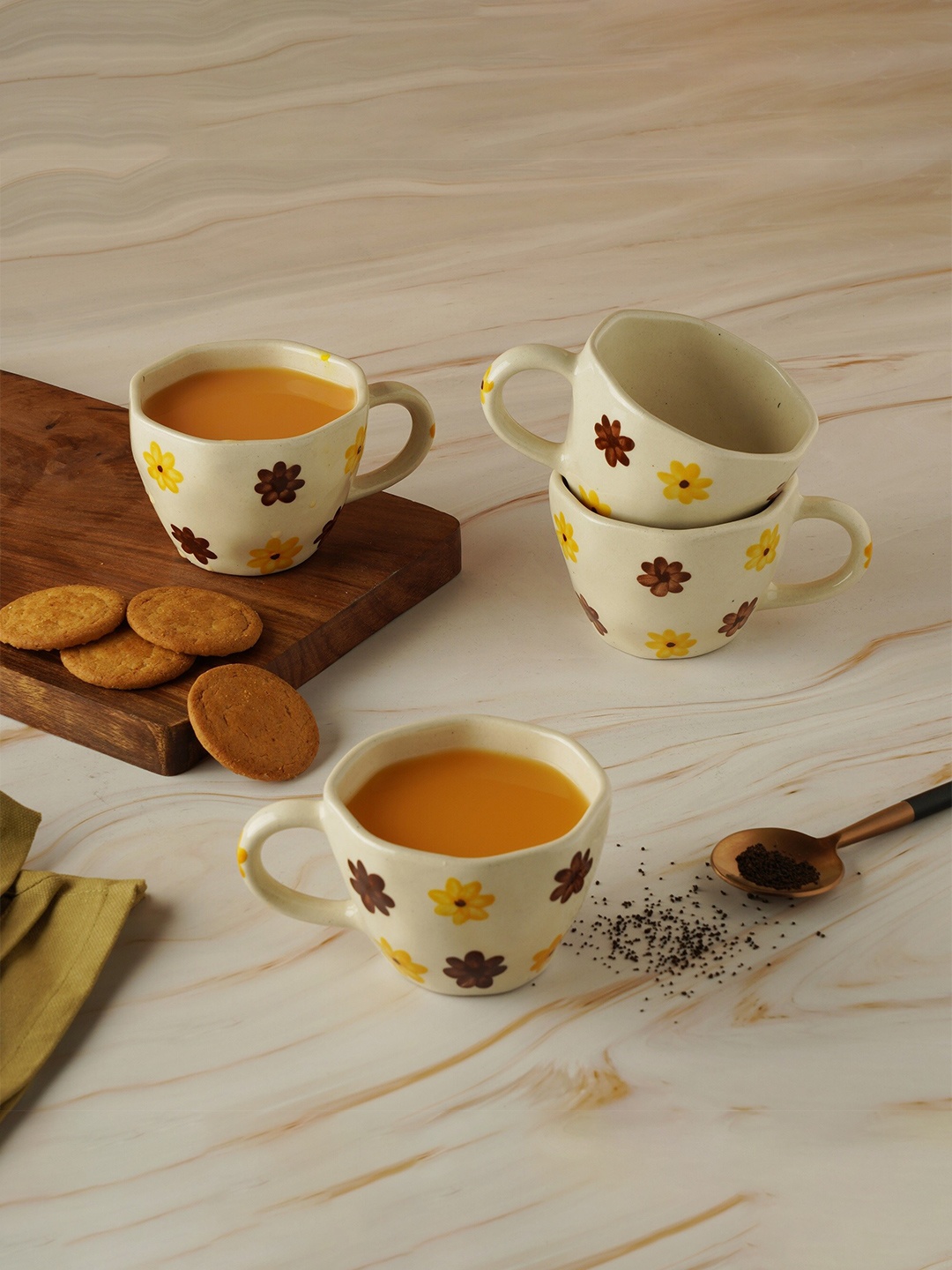 

PUREZENTO White And Yellow Set Of 4 Hand Painted Ceramic Cups 210 ml Each