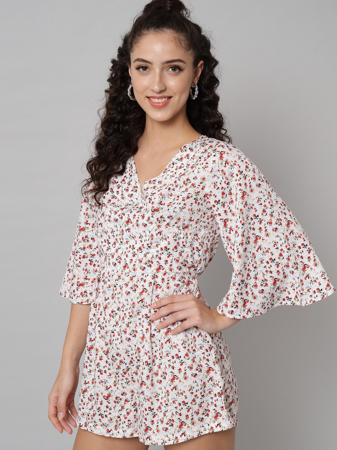 

emeros Women Printed Flared Sleeves Playsuit Jumpsuit, White