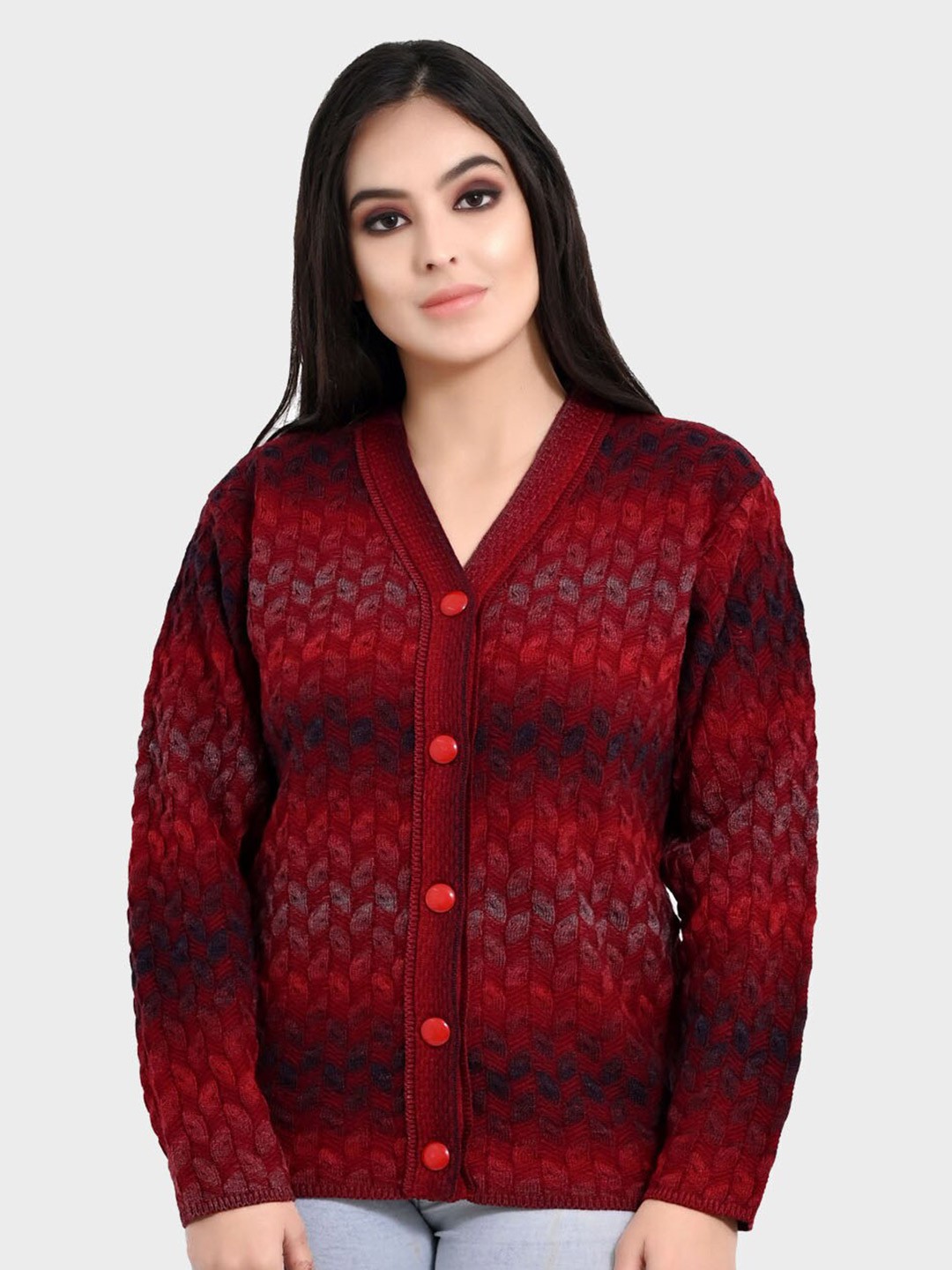 

aarbee Women Maroon & Black Printed Cardigan