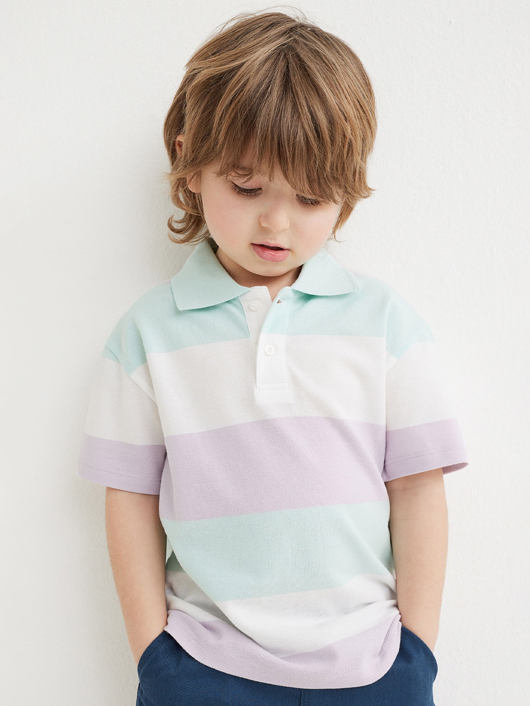 H&M Boys Purple & White Striped Polo Collar T-shirt