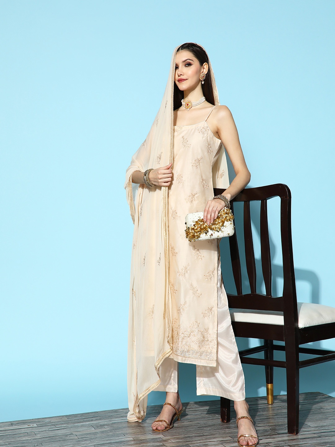 

Sunehri Women Floral Chanderi Silk Spaghetti Straps Kurta Set, Beige