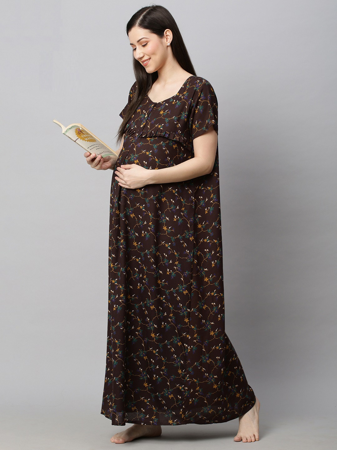 

MomToBe Brown Printed Maxi Maternity Sustainable Nightdress
