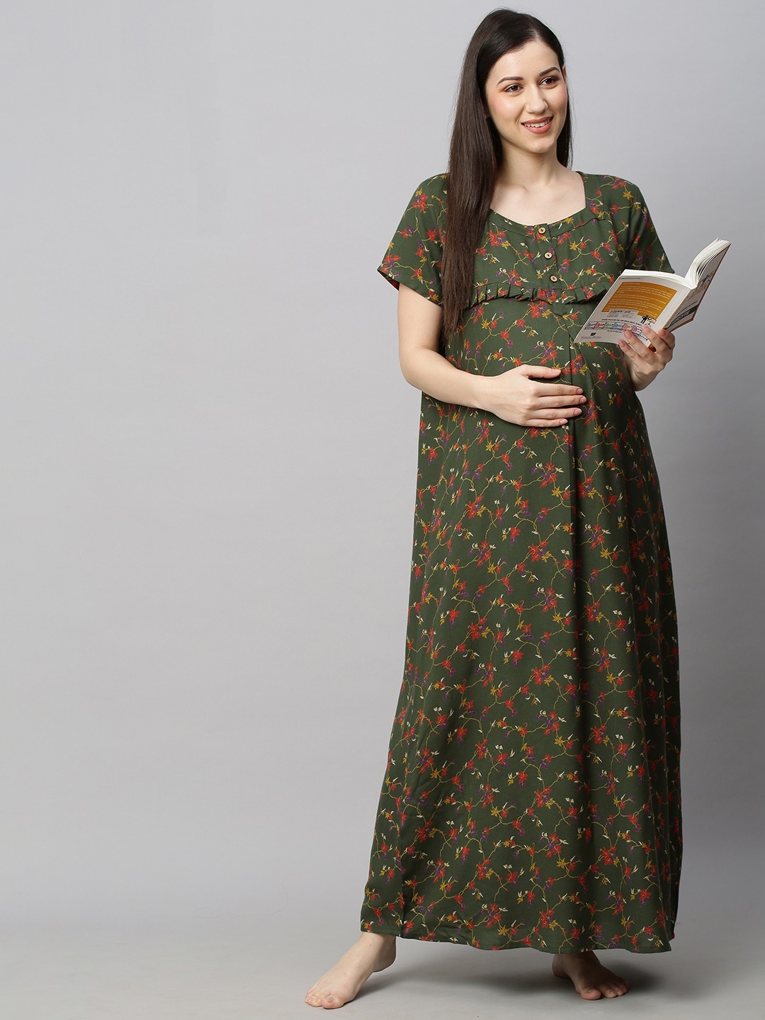 

MomToBe Green Printed Maxi Maternity Nightdress