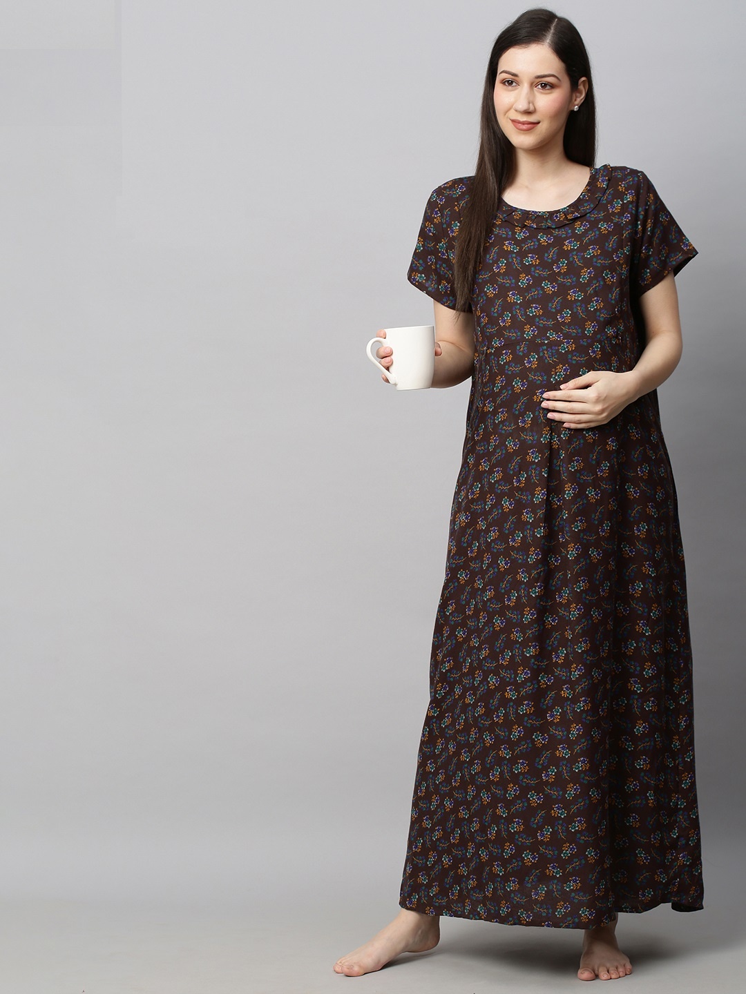 

MomToBe Brown Printed Maxi Maternity Sustainable Nightdress