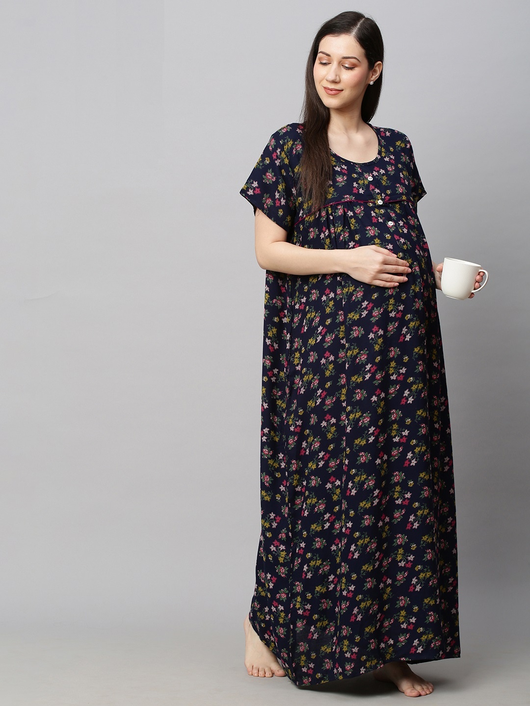 

MomToBe Navy Printed Maxi Sustainable Maternity Nightdress, Navy blue