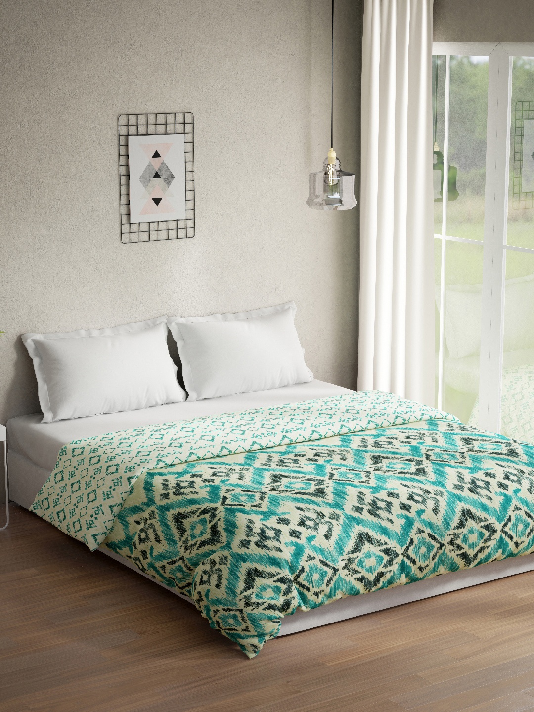 DDecor Ethnic Motifs Mild Winter 150 GSM Double Bed Quilt, Turquoise blue