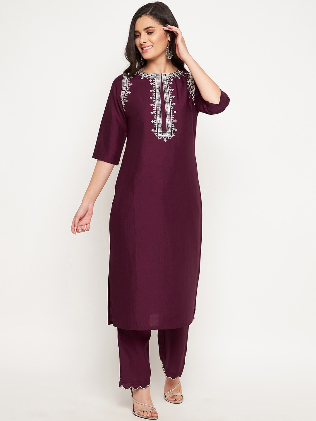 

WineRed Women Embroidered Thread Work Yoke Design Kurta with Trousers, Maroon