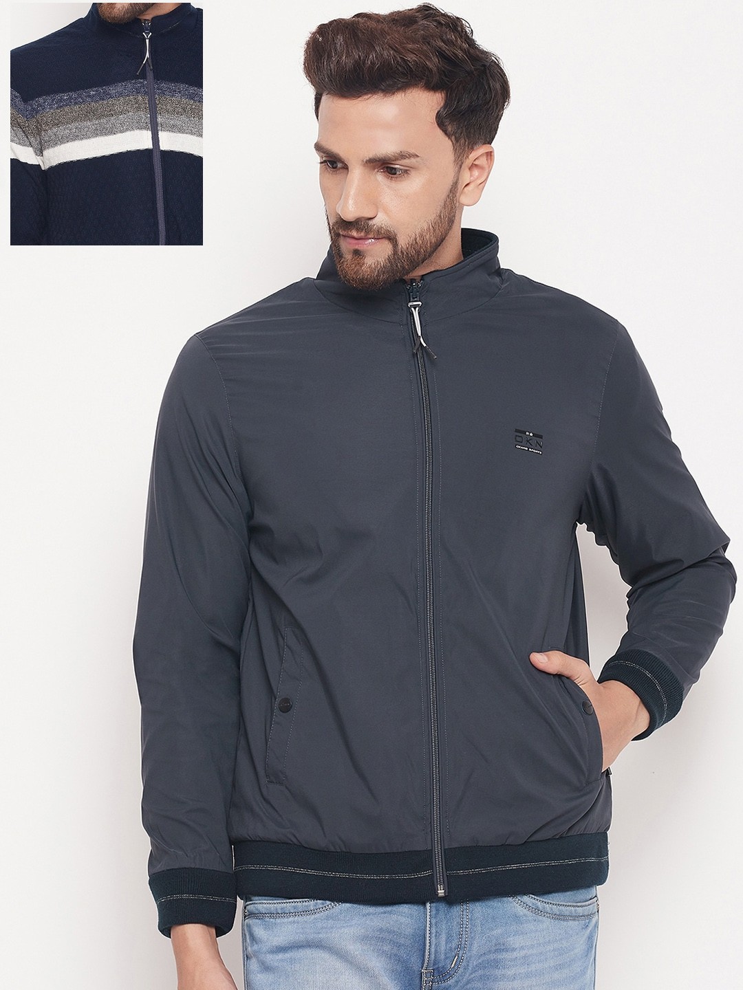 

Okane Men Navy Blue Reversible Bomber Jacket