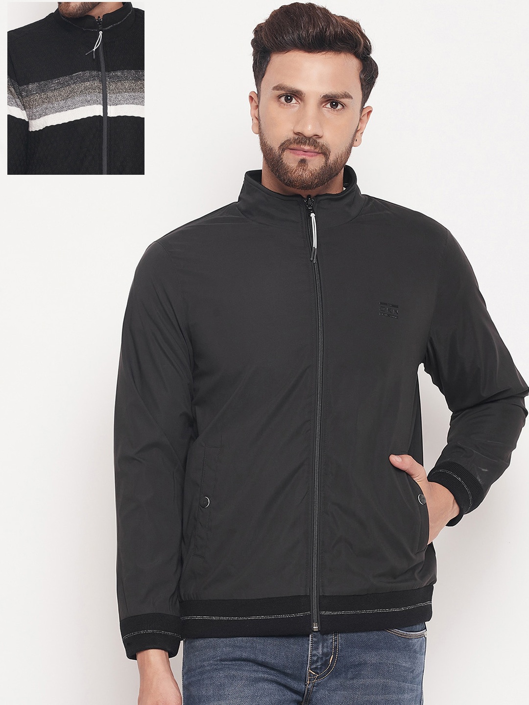 

Okane Plus Size Men Black Reversible Bomber Jacket